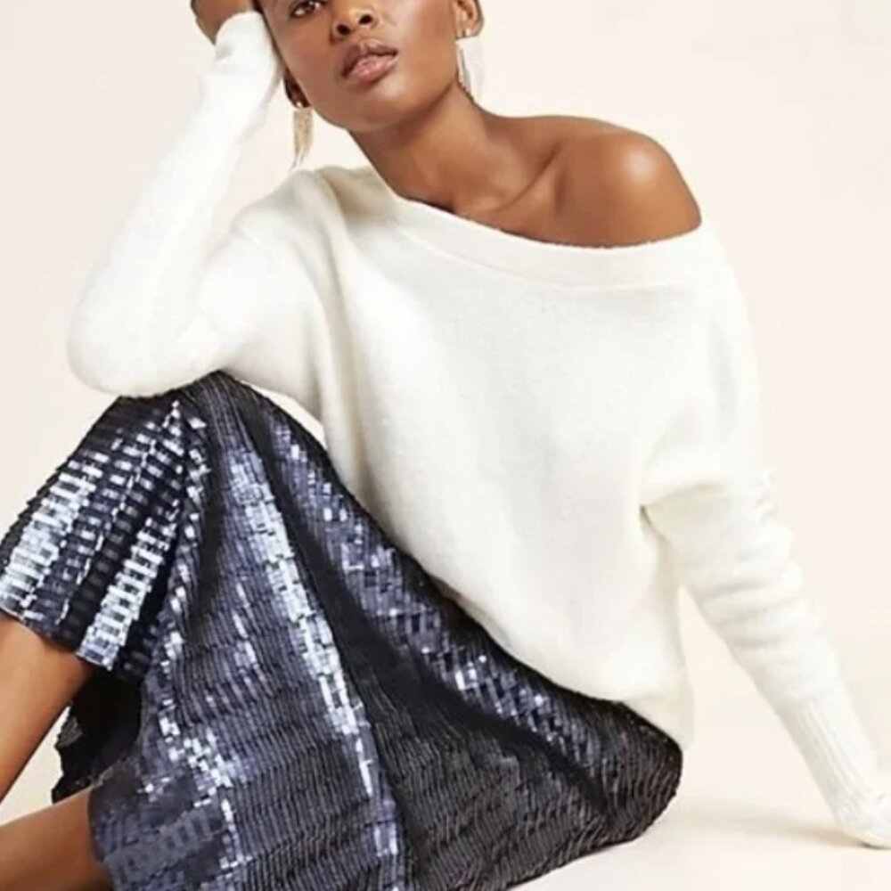 Anthropologie Boat Neck Cozy Fuzzy High Ribbed Cream Sweater size XS